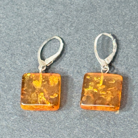 Vintage Natural Amber Square Dangle Earrings Leverback Silver Gemstone Jewelry - Picture 15 of 16